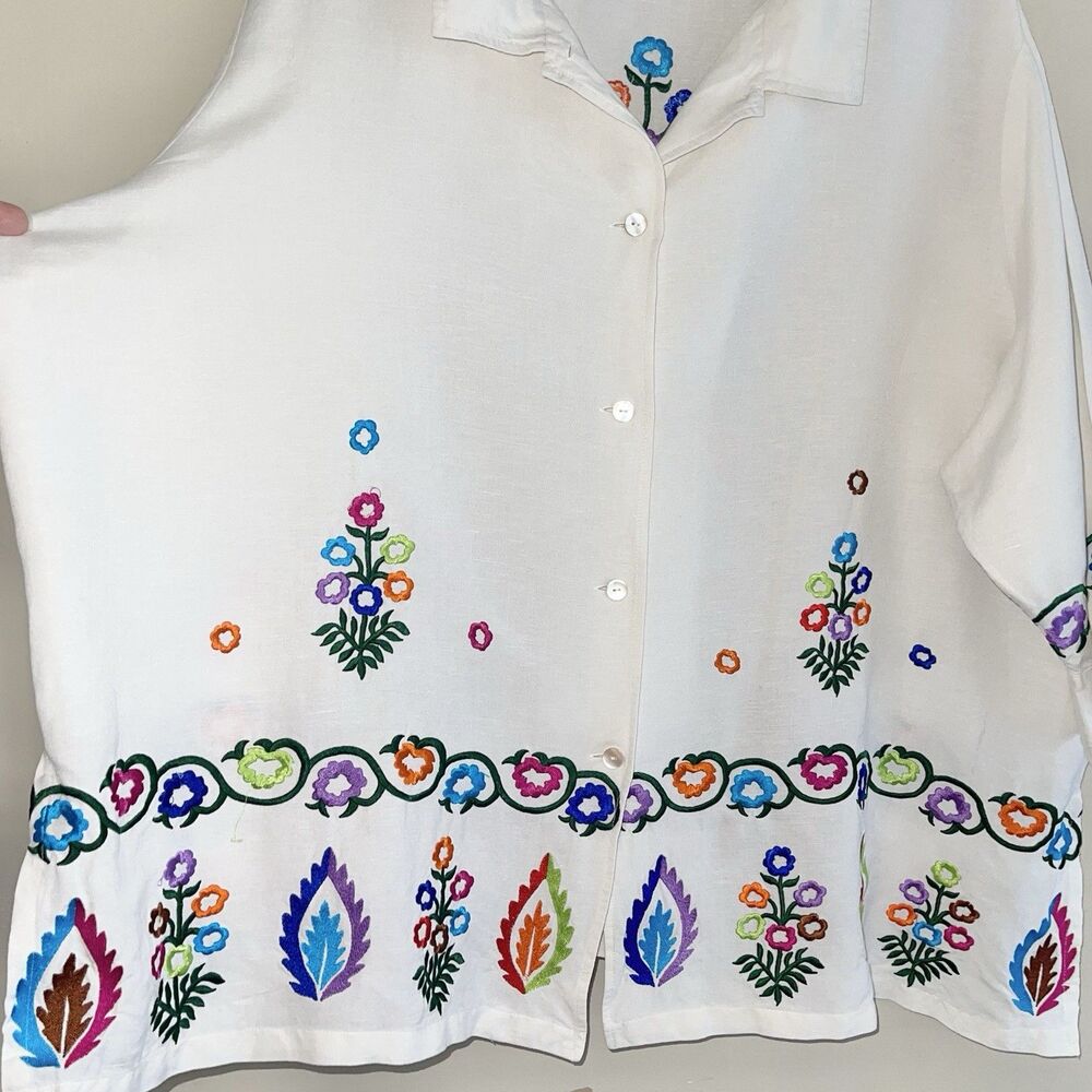Louis Dell Olio Linen Shirt Top Plus Size 3X Colorful Embroidered Short Sleeves - Picture 7 of 7